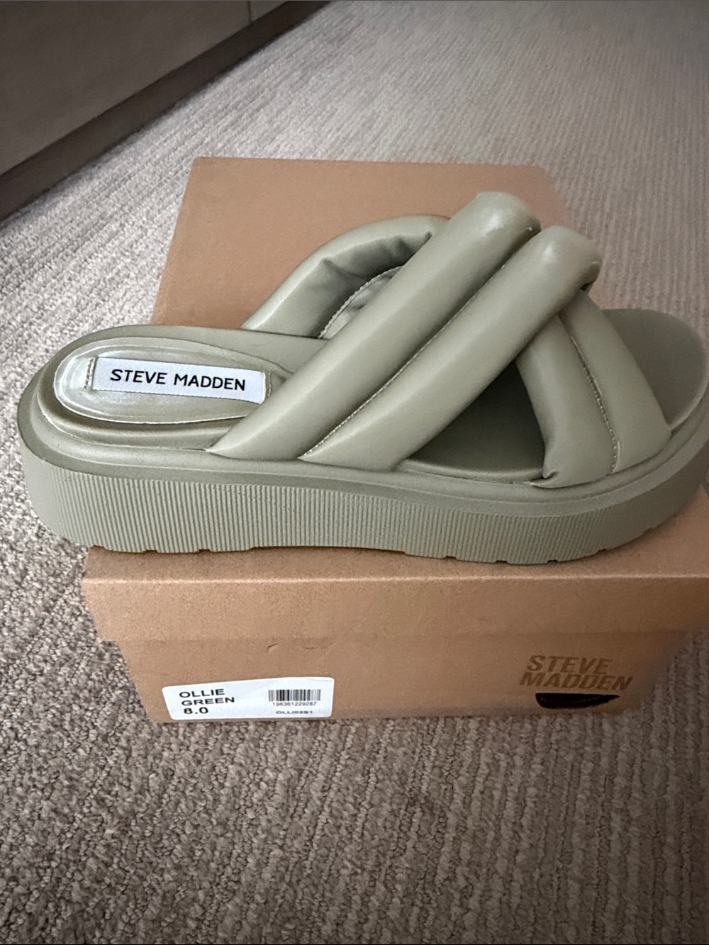 Steve Madden Ollie Padded Cross-Strap Platform Slides in Olive